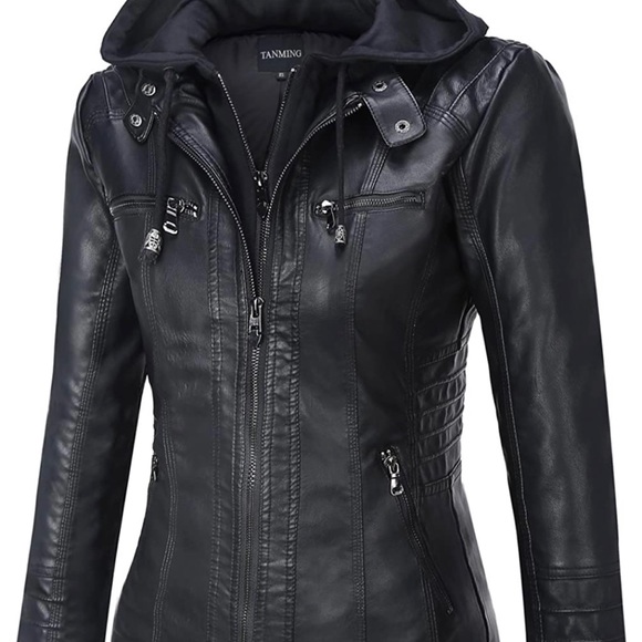 New w/o Tags Tanming Woman’s Removable Hooded Faux Leather Jacket - Picture 2 of 7